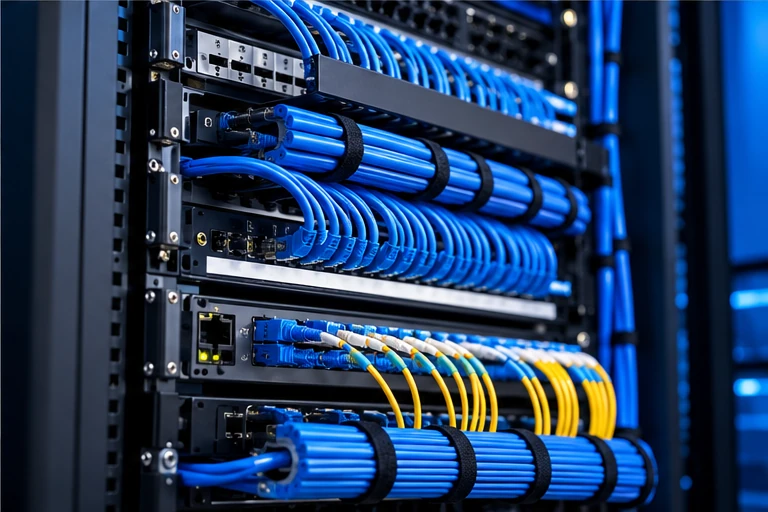 Neatly organised server rack with blue network cables